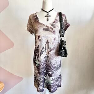 Vintage Mesh Flamingo Dress, Y2K Grunge Cover‎ Up Bohemian Indie Sleaze Medium